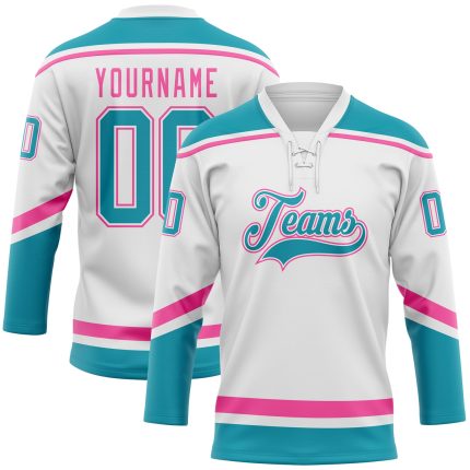 Custom Name and Number Personalized Hockey Lace Neck Jersey in White Teal-Pink Personalized White Teal-Pink Hockey Lace Neck