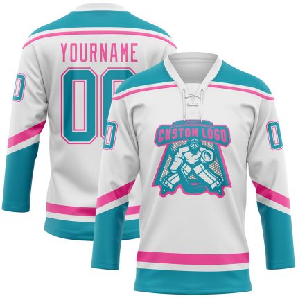 Custom Name and Number Personalized Hockey Lace Neck Jersey in White Teal-Pink Personalized White Teal-Pink Hockey Lace Neck