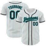 Custom Name and Number Personalized Black Authentic Baseball Jersey, White Teal Pinstripe Design Personalized White Teal