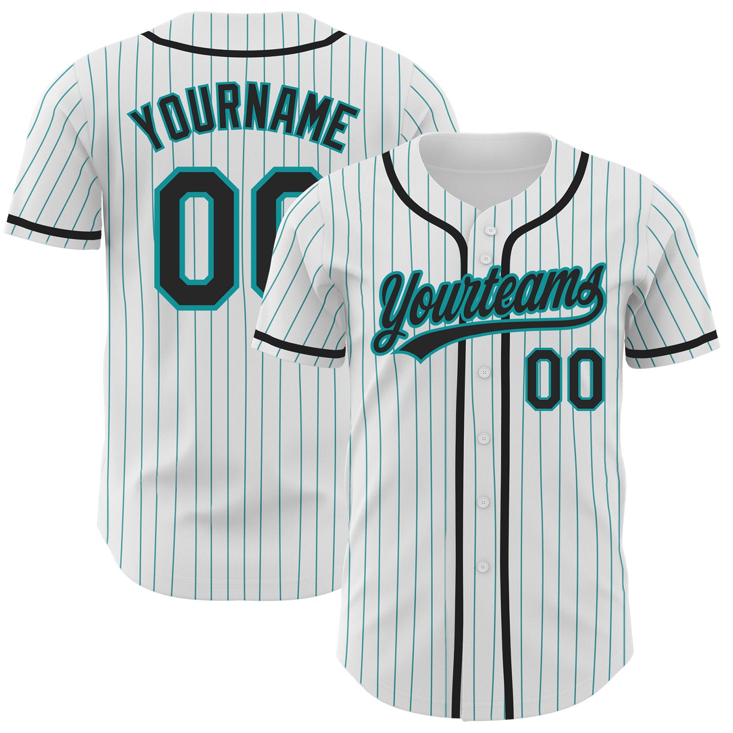 Custom Name and Number Personalized Black Authentic Baseball Jersey, White Teal Pinstripe Design Personalized White Teal