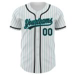 Custom Name and Number Personalized Black Authentic Baseball Jersey, White Teal Pinstripe Design Personalized White Teal