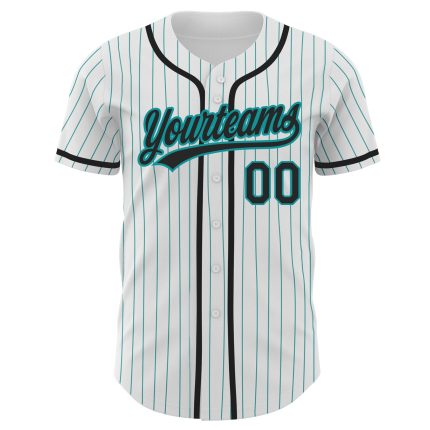 Custom Name and Number Personalized Black Authentic Baseball Jersey, White Teal Pinstripe Design Personalized White Teal