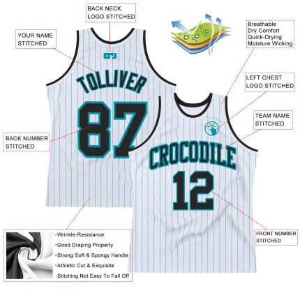 Custom Authentic Basketball Jersey with Personalized Name and Number - White Teal Pinstripe Design Personalized White Teal