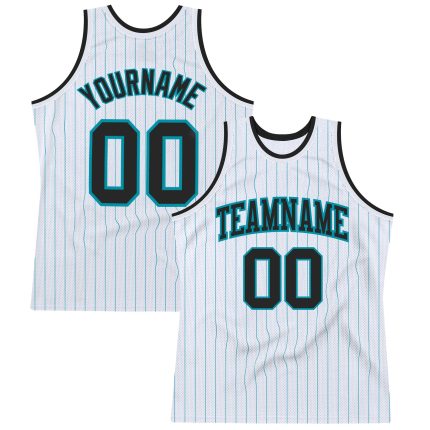 Custom Authentic Basketball Jersey with Personalized Name and Number - White Teal Pinstripe Design Personalized White Teal