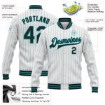 Custom Name and Number Varsity Letterman Jacket Black Bomber Teal Pinstripe Personalized Full-Snap Personalized White Teal