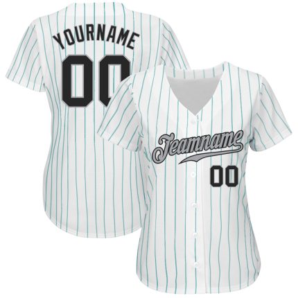 Custom Name and Number Baseball Jersey - Personalized Black-Gray Teal Pinstripe Design Personalized White Teal Pinstripe
