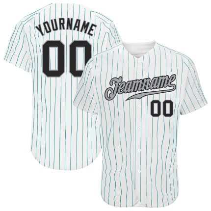 Custom Name and Number Baseball Jersey - Personalized Black-Gray Teal Pinstripe Design Personalized White Teal Pinstripe