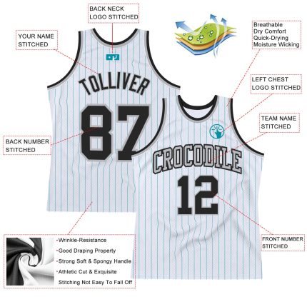 Custom Basketball Jersey with Personalized Name and Number - White Teal Pinstripe Black-Gray Authentic Design Personalized