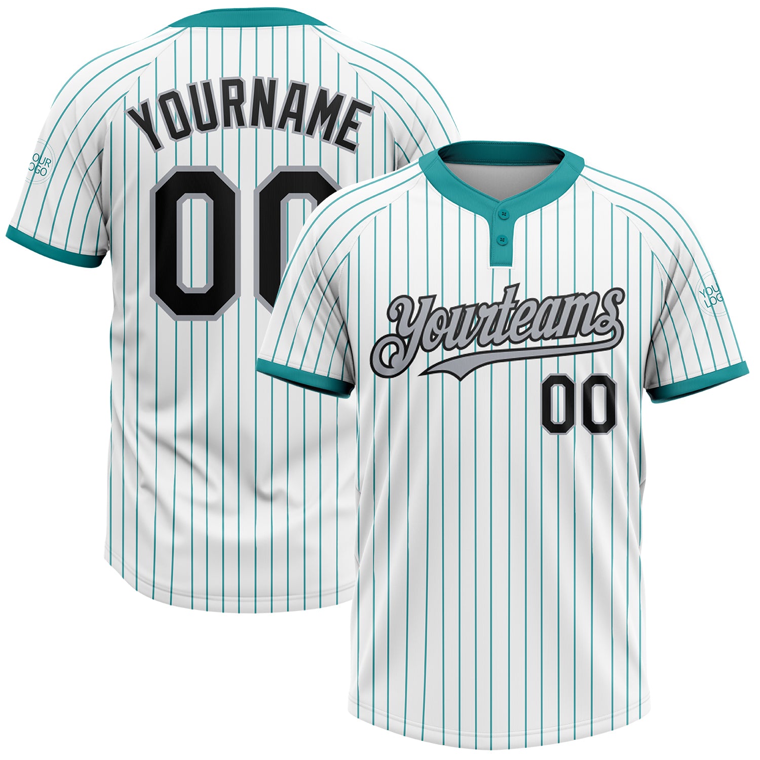 Customizable Softball Jersey with Personalized Name & Number - Unisex Black-Gray Two-Button Teal Pinstripe Design Personalized
