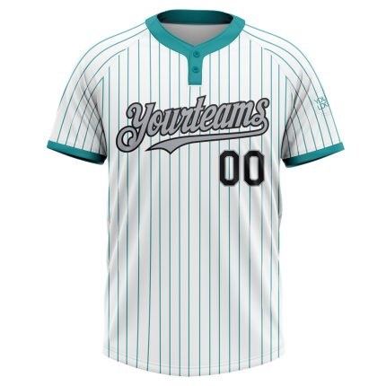 Customizable Softball Jersey with Personalized Name & Number - Unisex Black-Gray Two-Button Teal Pinstripe Design Personalized