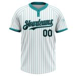 Custom Name and Number Unisex Softball Jersey - Personalized White Teal Pinstripe Black Two-Button Design Personalized White