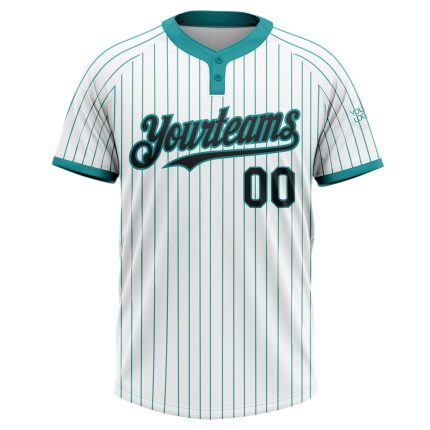 Custom Name and Number Unisex Softball Jersey - Personalized White Teal Pinstripe Black Two-Button Design Personalized White