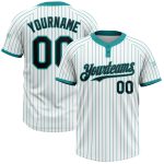 Custom Name and Number Unisex Softball Jersey - Personalized White Teal Pinstripe Black Two-Button Design Personalized White