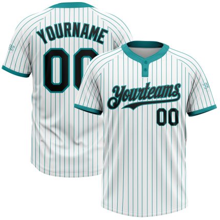 Custom Name and Number Unisex Softball Jersey - Personalized White Teal Pinstripe Black Two-Button Design Personalized White
