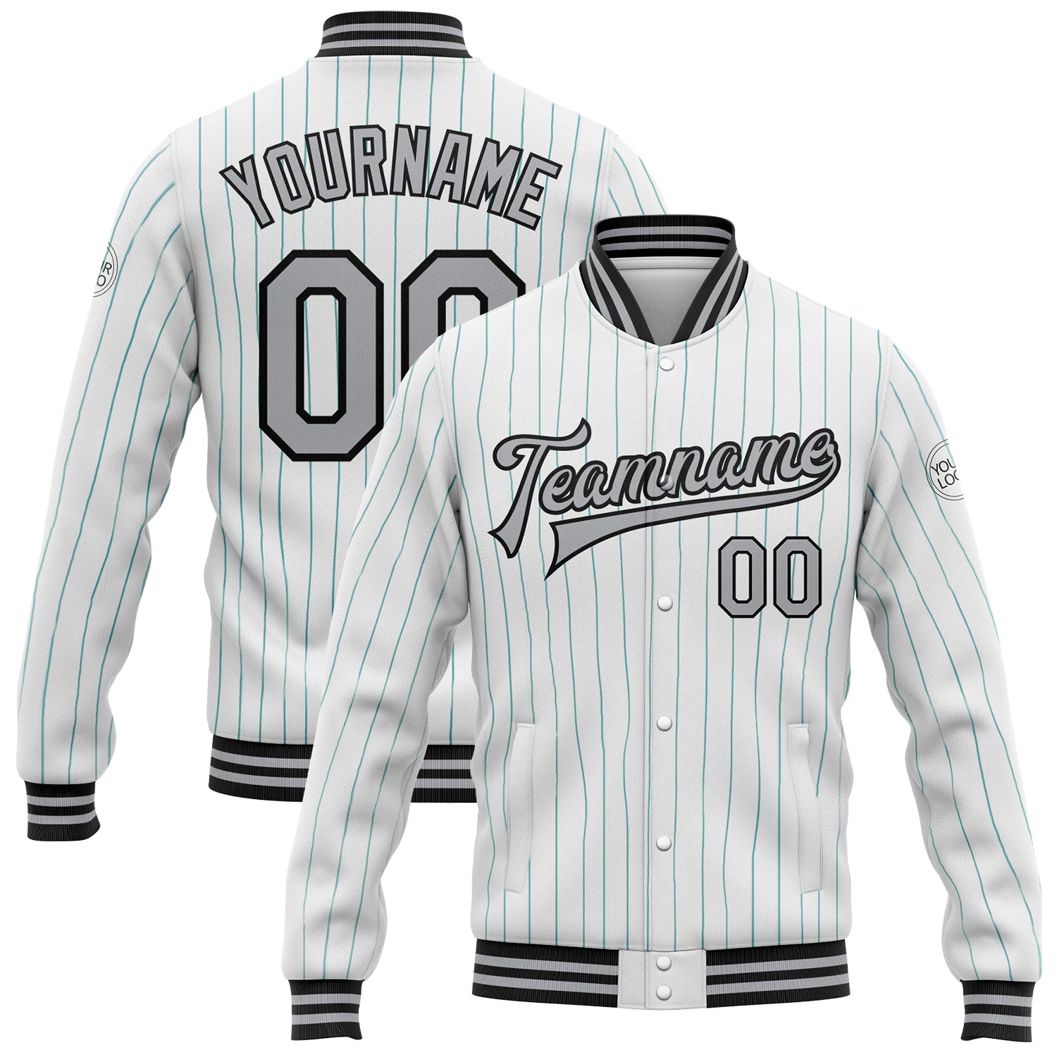 Custom Name Number Varsity Letterman Jacket - Personalized Gray Black Teal Pinstripe Bomber Full-Snap Personalized White