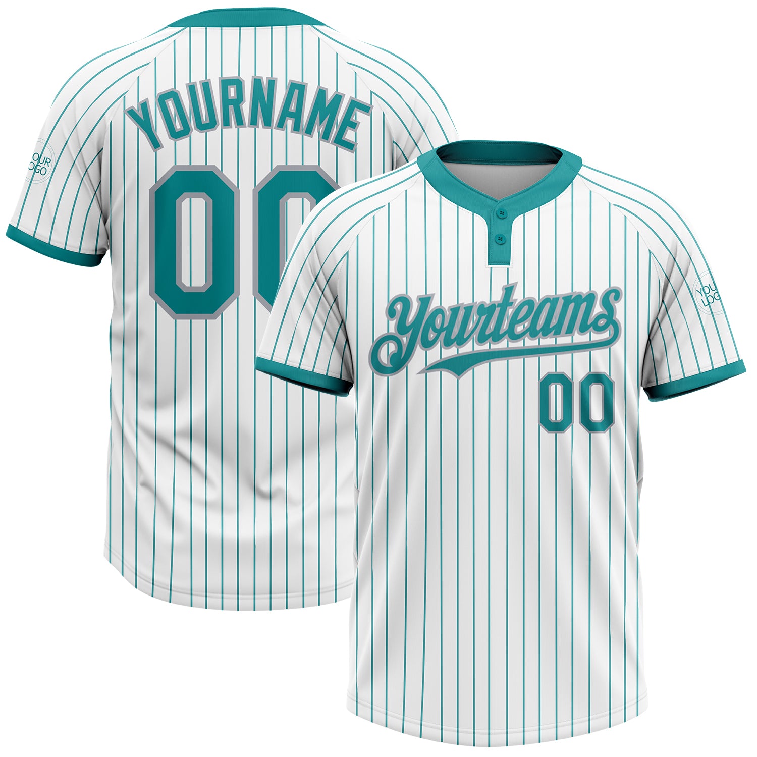 Custom Name Number Unisex Softball Jersey - Personalized Gray Teal Pinstripe Two-Button Design Personalized White Teal Pinstripe