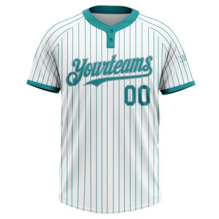 Custom Name Number Unisex Softball Jersey - Personalized Gray Teal Pinstripe Two-Button Design Personalized White Teal Pinstripe