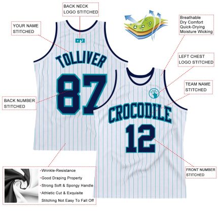 Custom Name and Number Personalized Basketball Jersey in White Teal Pinstripe Navy - Authentic Team Gear Personalized White