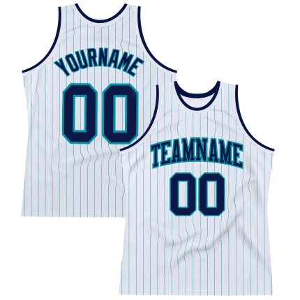 Custom Name and Number Personalized Basketball Jersey in White Teal Pinstripe Navy - Authentic Team Gear Personalized White
