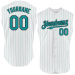 Custom Personalized Baseball Jersey - Navy Sleeveless with White Teal Pinstripes, Custom Name & Number Personalized White