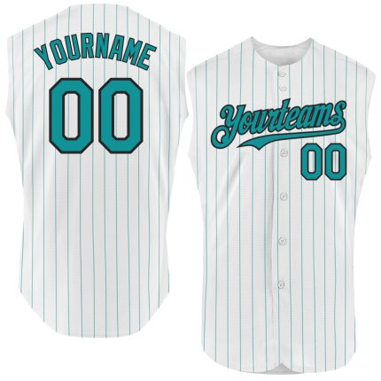 Custom Personalized Baseball Jersey - Navy Sleeveless with White Teal Pinstripes, Custom Name & Number Personalized White