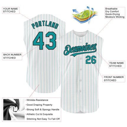 Custom Personalized Baseball Jersey - Navy Sleeveless with White Teal Pinstripes, Custom Name & Number Personalized White