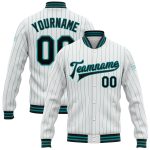 Custom Name Number Male Navy Bomber Varsity Jacket Pinstripe White Teal Full-Snap Letterman Jacket Personalized White Teal