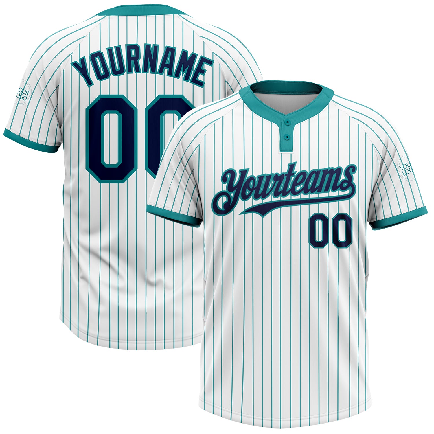 Custom Softball Jersey with Name & Number - Personalized Navy Two-Button Unisex Pinstripe Teal Personalized White Teal Pinstripe
