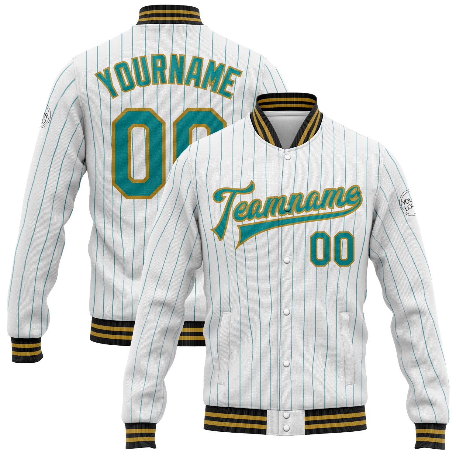 Customizable Team Bomber Jacket with Pinstripe Design - Personalized Full-Snap Varsity Letterman in White Teal Old Gold and Black