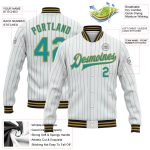 Customizable Team Bomber Jacket with Pinstripe Design - Personalized Full-Snap Varsity Letterman in White Teal Old Gold and Black