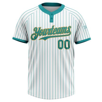 Custom Unisex Softball Jersey, Personalized White Teal Pinstripe with Old Gold Two-Button Design, Name & Number Included