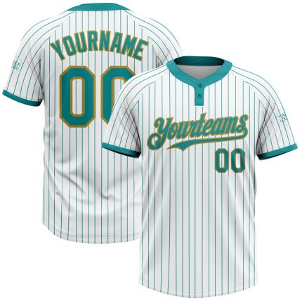 Custom Unisex Softball Jersey, Personalized White Teal Pinstripe with Old Gold Two-Button Design, Name & Number Included