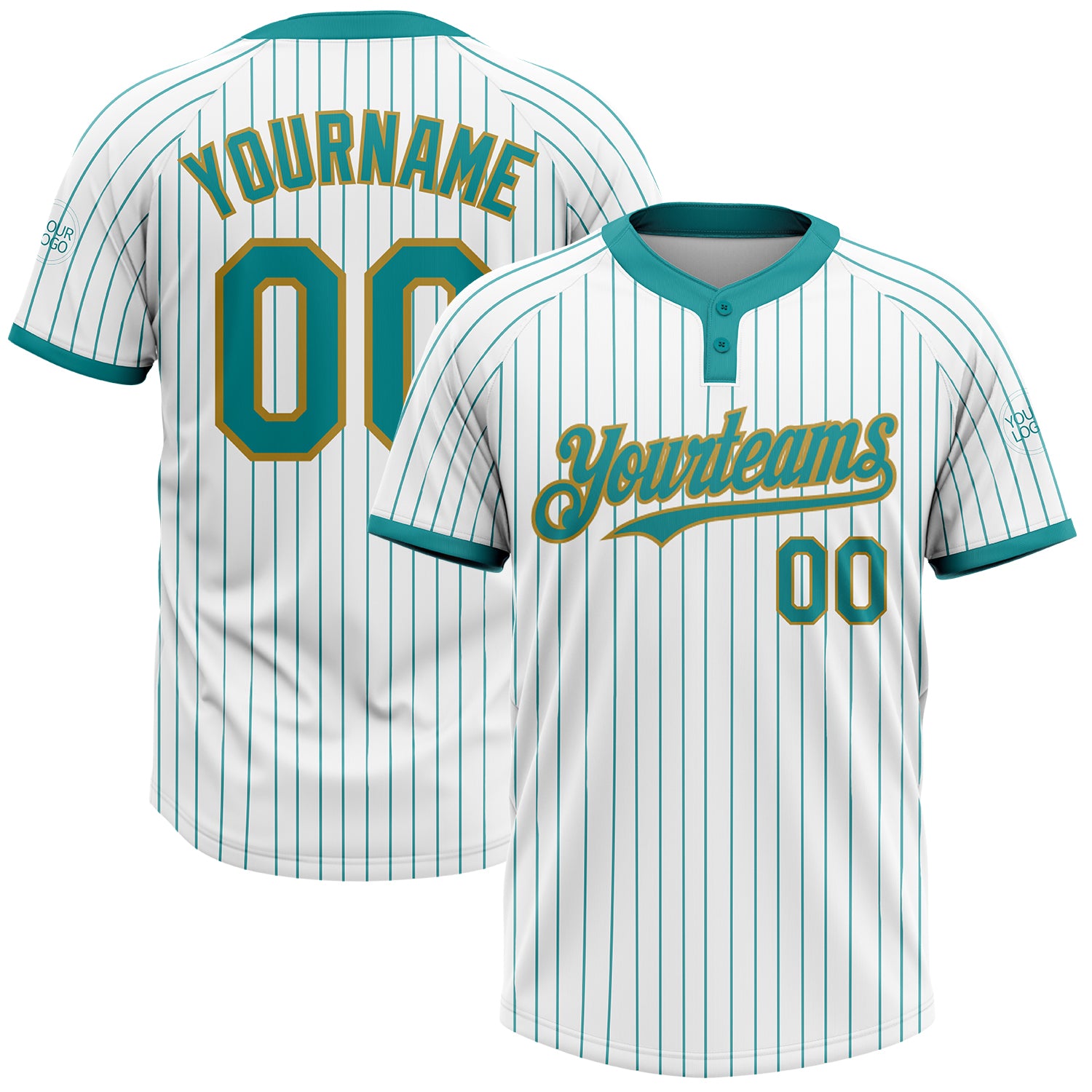 Custom Unisex Softball Jersey, Personalized White Teal Pinstripe with Old Gold Two-Button Design, Name & Number Included