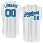 Custom Name & Number Sleeveless Baseball Jersey - Personalized White Teal Pinstripe Orange Design Personalized White Teal