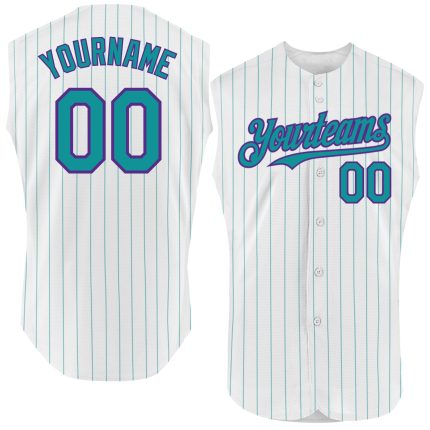 Custom Name & Number Sleeveless Baseball Jersey - Personalized White Teal Pinstripe Orange Design Personalized White Teal