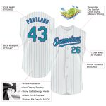 Custom Name & Number Sleeveless Baseball Jersey - Personalized White Teal Pinstripe Orange Design Personalized White Teal