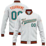 Custom Team Name Number Varsity Letterman Jacket - Personalized White Teal Pinstripe Orange Black Full-Snap Bomber Personalized