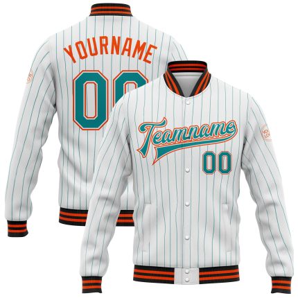 Custom Team Name Number Varsity Letterman Jacket - Personalized White Teal Pinstripe Orange Black Full-Snap Bomber Personalized