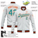 Custom Team Name Number Varsity Letterman Jacket - Personalized White Teal Pinstripe Orange Black Full-Snap Bomber Personalized