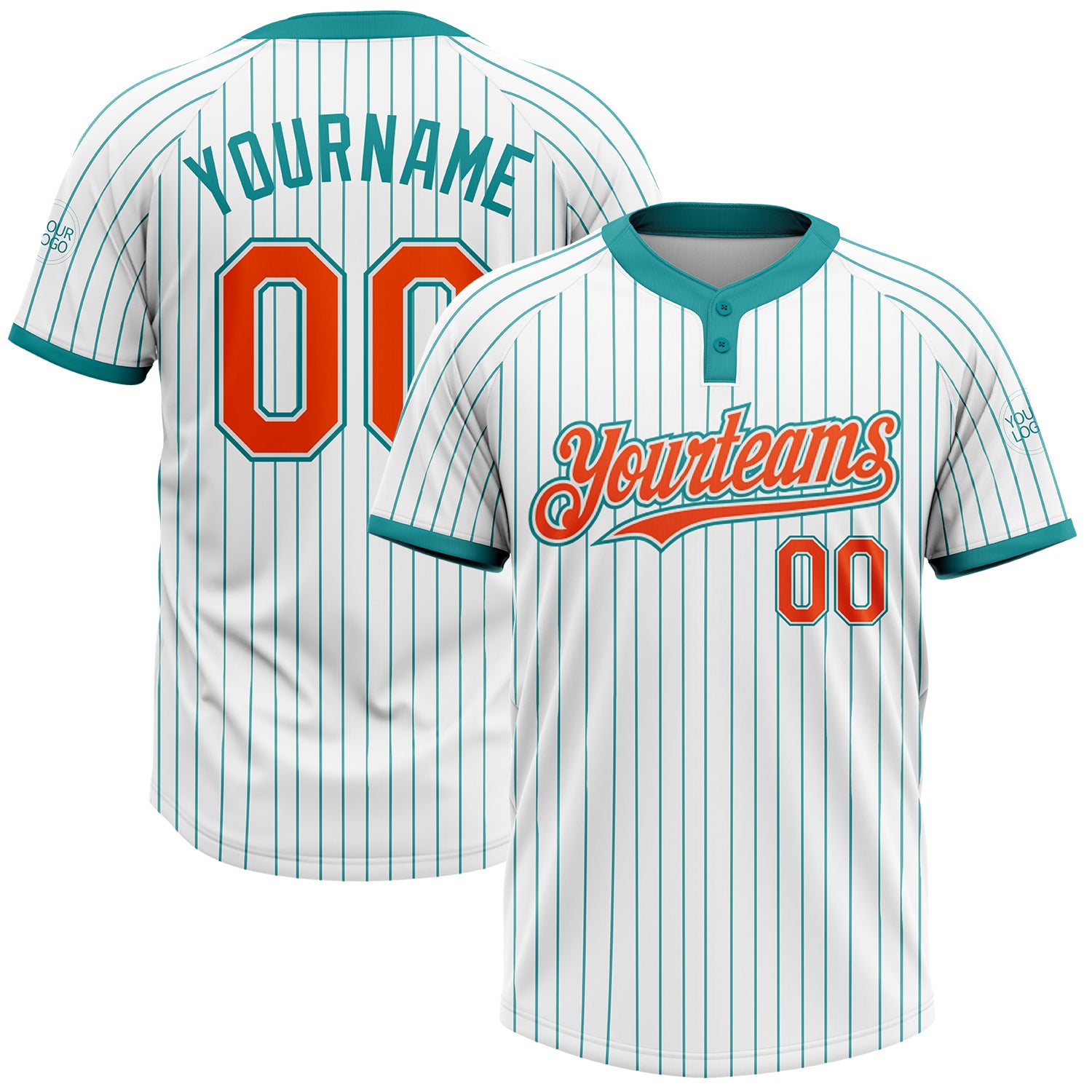 Custom Name and Number Softball Jersey Personalized Unisex Two-Button Teal Pinstripe Orange 120% Polyester Personalized White