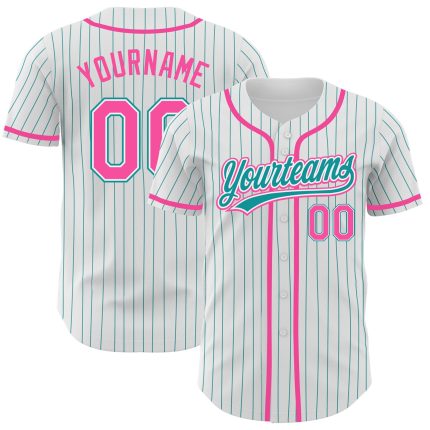 Custom Name and Number Personalized Baseball Jersey Pink White Teal Pinstripe Authentic Personalized White Teal Pinstripe
