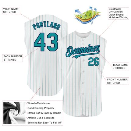 Custom Name and Number Personalized Baseball Jersey - White Teal Pinstripe Pink Sleeveless Personalized White Teal Pinstripe