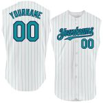 Custom Name and Number Personalized Baseball Jersey - White Teal Pinstripe Pink Sleeveless Personalized White Teal Pinstripe
