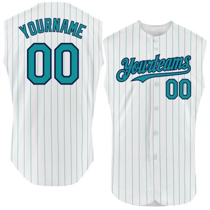 Custom Name and Number Personalized Baseball Jersey - White Teal Pinstripe Pink Sleeveless Personalized White Teal Pinstripe