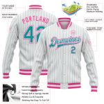 Custom Name and Number Varsity Letterman Jacket Pink Bomber with Teal Pinstripes - Personalized Full-Snap Design Personalized