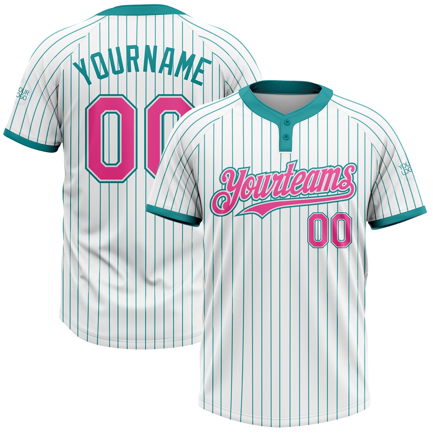 Custom Unisex Softball Jersey with Personalized Name & Number - White Teal Pinstripe Two-Button Design Personalized White
