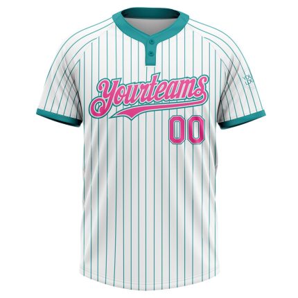 Custom Unisex Softball Jersey with Personalized Name & Number - White Teal Pinstripe Two-Button Design Personalized White