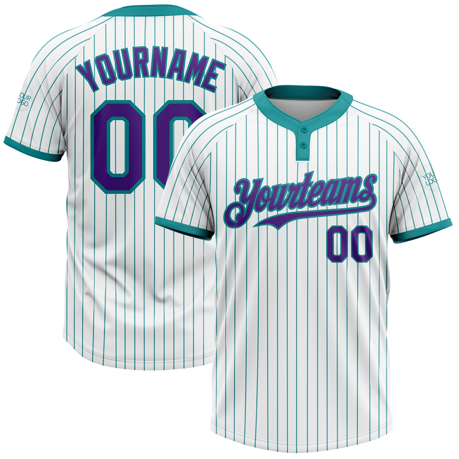 Custom Name and Number Unisex Softball Jersey - Personalized White Teal Pinstripe Two-Button Design Personalized White Teal