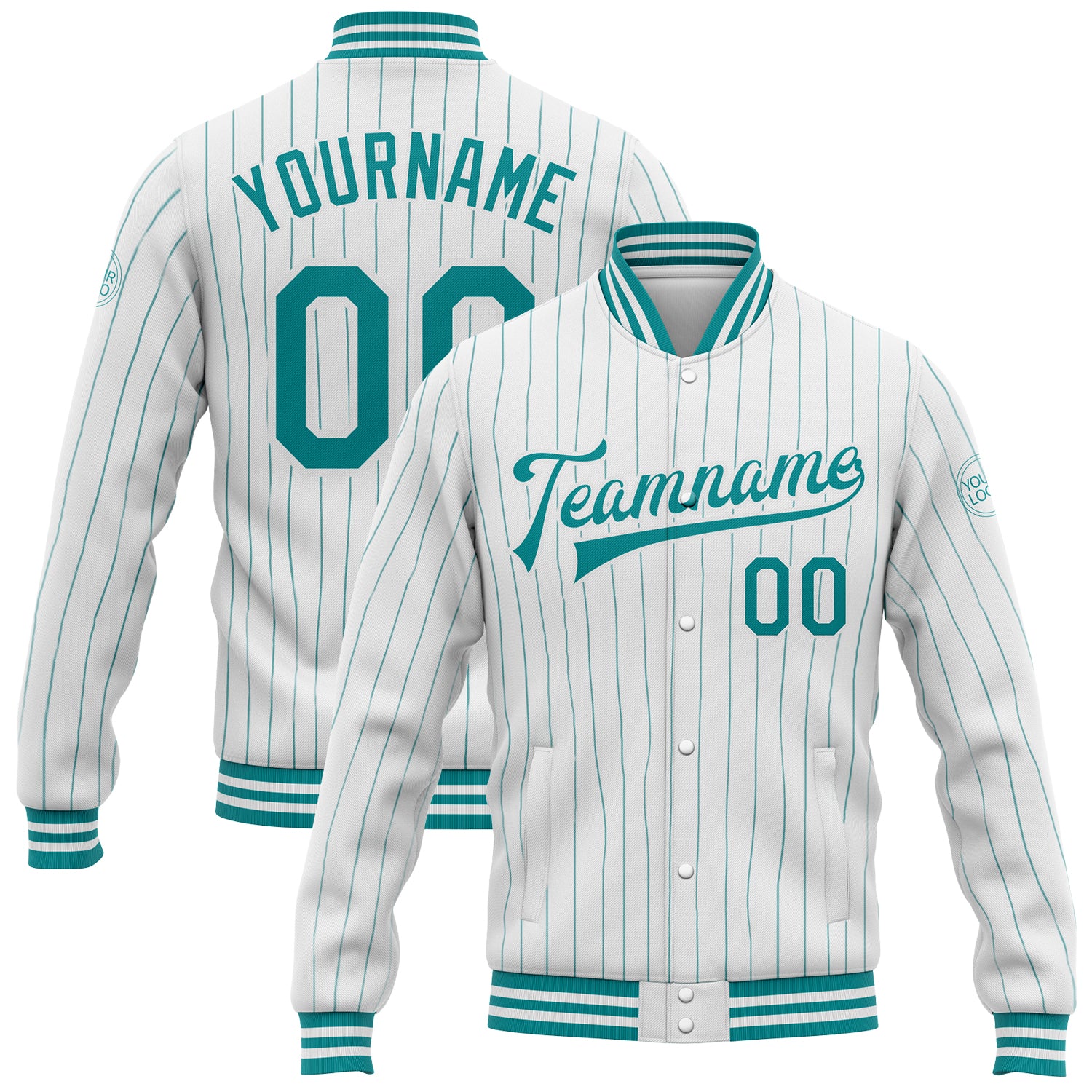 Custom Name and Number Teal Varsity Letterman Jacket Personalized White Pinstripe Full-Snap Bomber Personalized White Teal