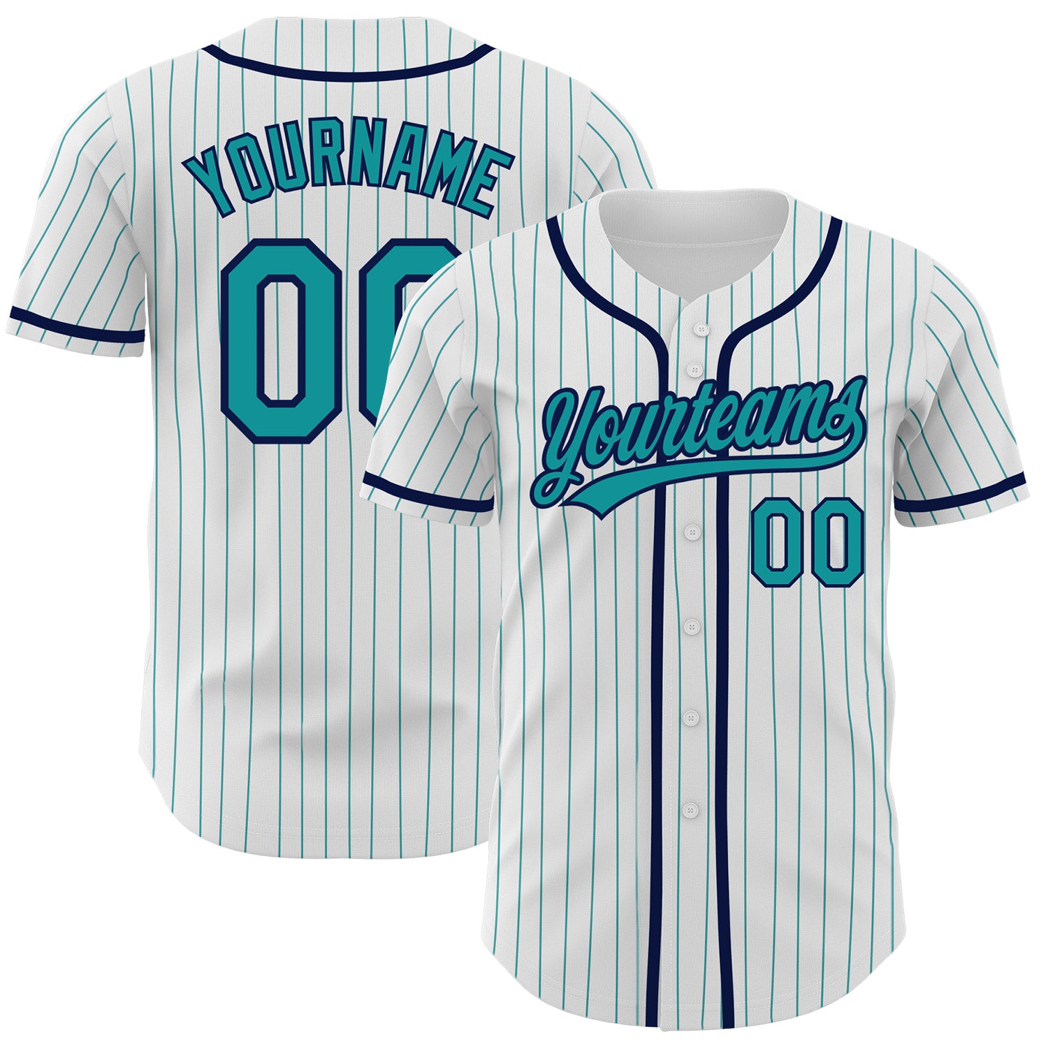 Custom Name and Number Personalized Teal Navy Pinstripe Baseball Jersey - Authentic White Team Apparel Personalized White